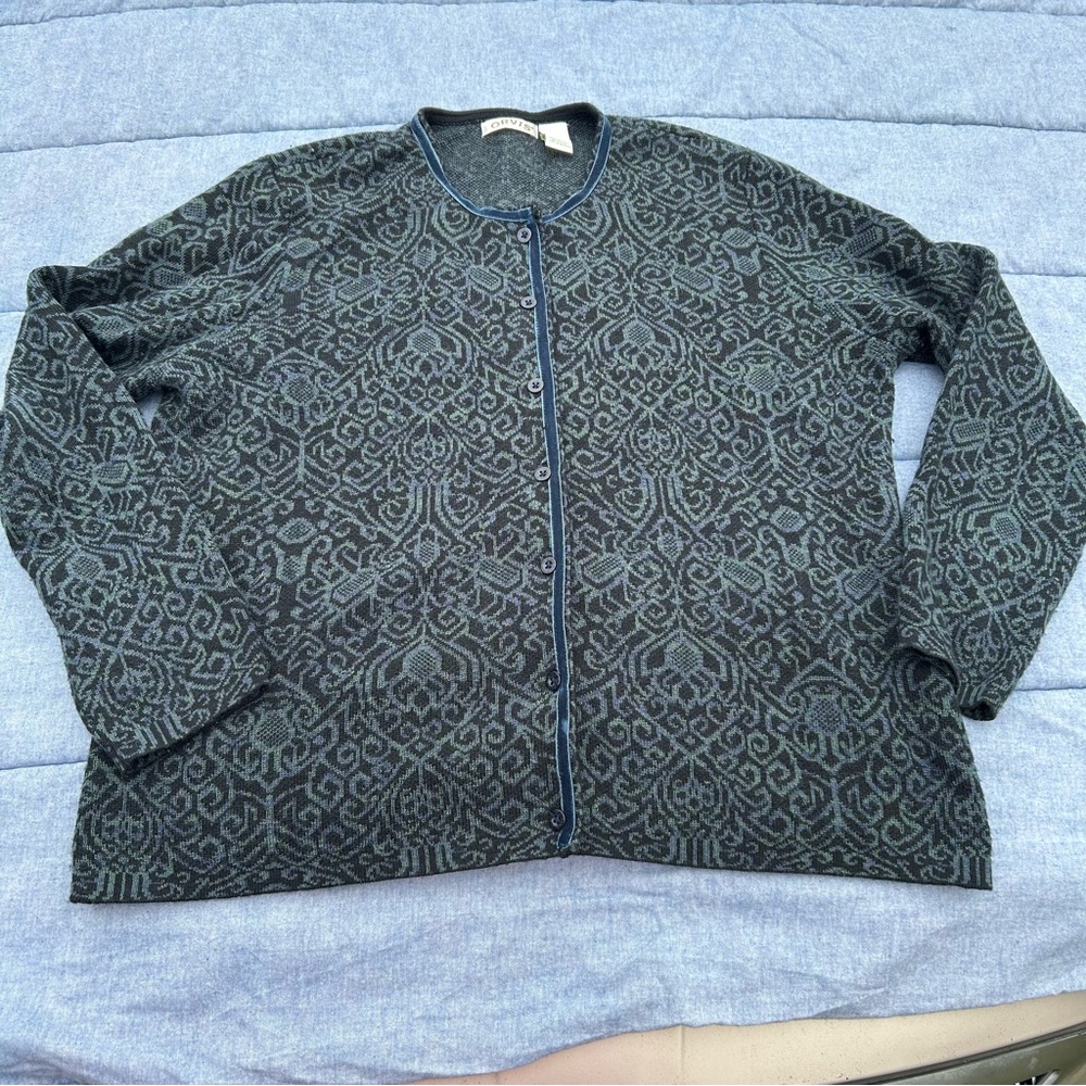 Orvis Black/Green/Blue Folkloric Damask Print Wool Blend Cardigan Size XL